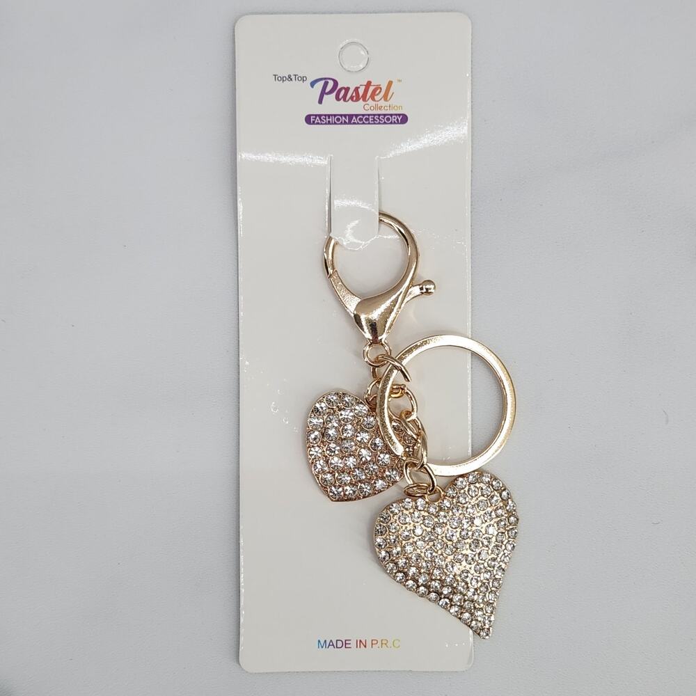 Double Heart Rhinestone Keychain, bag charm gold tone hardware Fashion Accessory